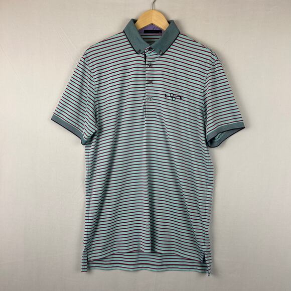 Greyson Striped Polo Short Sleeve Shirt Golf Course Logo Blue Men's Size M - Picture 1 of 10